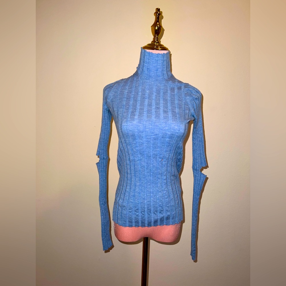 Helmut Lang Sky Blue Ribbed Turtleneck Sweater